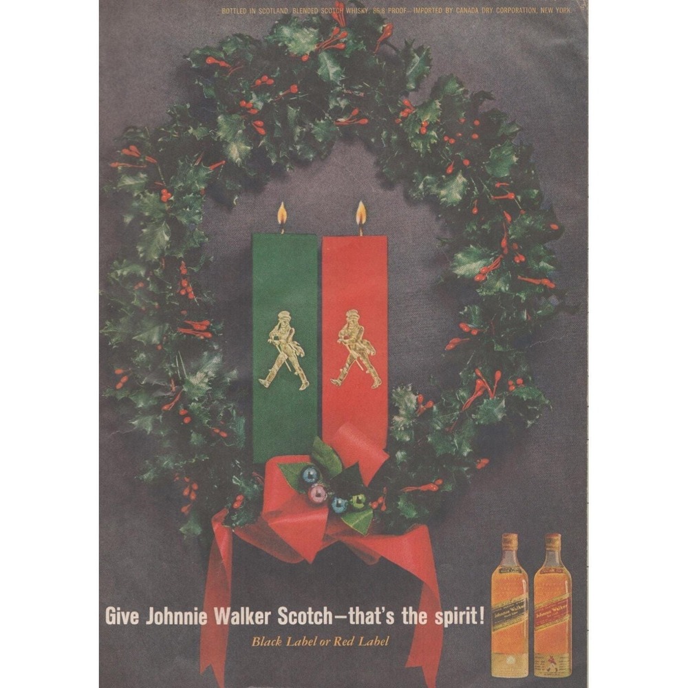 1961 Johnnie Walker Vintage Print‎ Ad Scotch Whisky Christmas Black Red Label